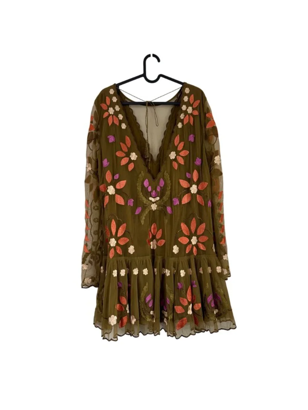 Free People Olive Hearts Are Wild Floral Embroidered Mini Dress Womens Large - Picture 7 of 8
